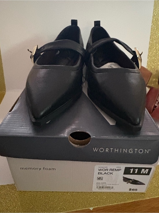 Worthington Shoes - Worthington Black Pointed Mary Jane Flats with Gold Buckle